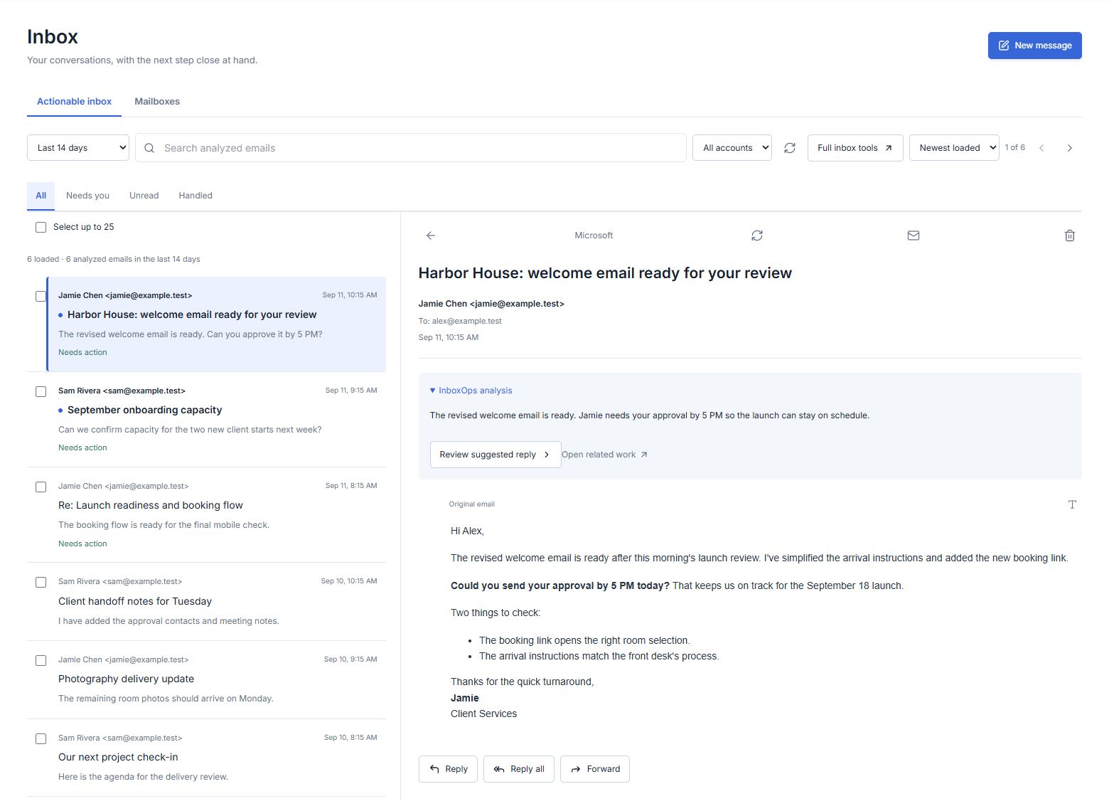 An original email alongside InboxOps analysis, related work, and a suggested reply.