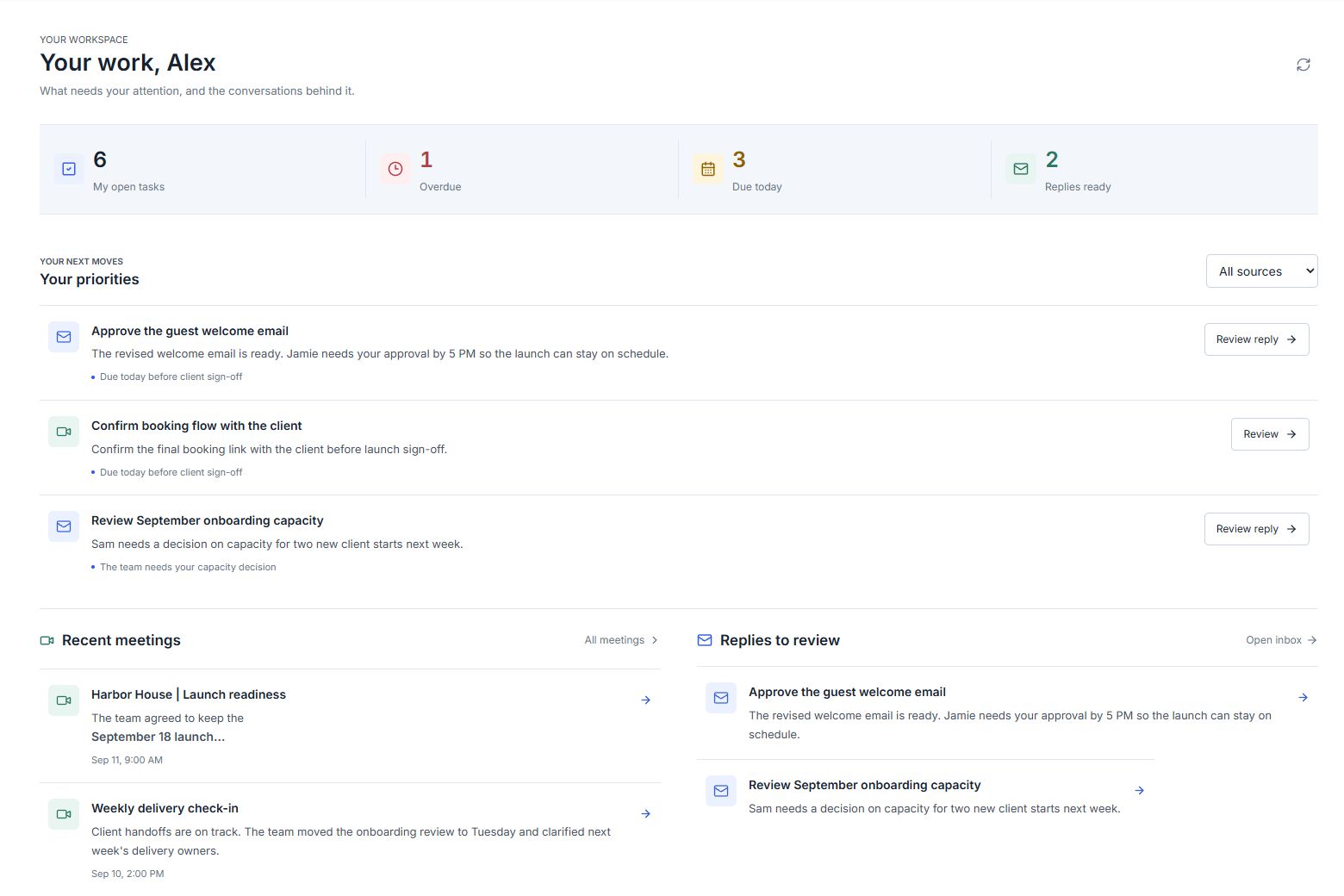 InboxOps home shows open tasks, overdue work, replies to review, and recent meeting outcomes.